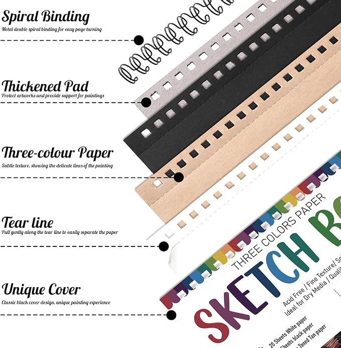 Drawing Sketchbook Kit, A5 Sketch Book with 24 Color Pencils, Three Color Black Sketch Pad, Acid-Free Sketch Pad for Kids, Artist, Art Paper Drawing Supplies for Gifts (5.8×8.3 inch)