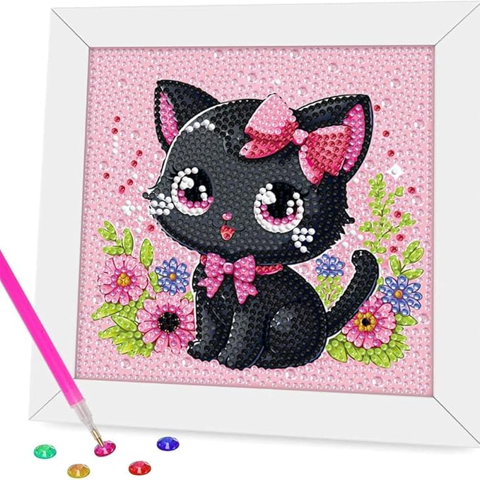 PERFECTSIGHT Cute 5D Diamond Art Kits with Wooden Frame, Kawaii DIY Painting Art for Adults, Diamond Arts and Crafts Sets, Big Gem Full Drill Diamond Dots for Women (Black Cat)