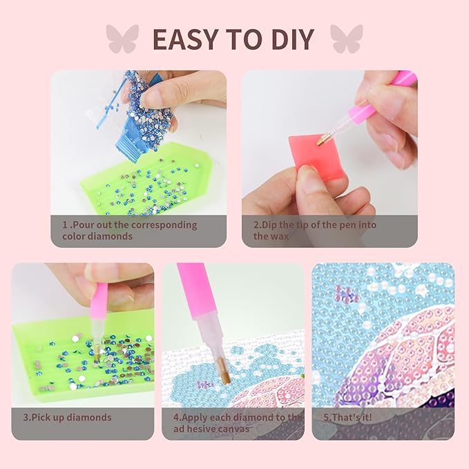 FlyingMage 5D Diamond Art Painting Kits with Wooden Frame, Cute DIY Diamond Art Mosaic Kits for Adults Women Teen, Kawaii Diamond Crafts Arts Full Drill Diamond Dots (White Turtle)
