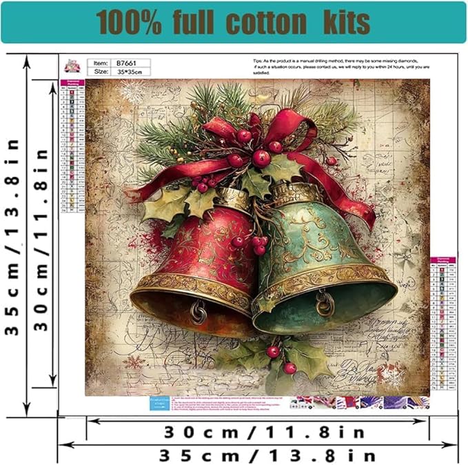 Christmas Bell Stamped Cross Stitch Kits for Adults - Embroidery Kits for Beginners Adults,11 CT Patterns Dimensions Counted Cross Stitch Kits for Adults Arts Craft 14x14 inch