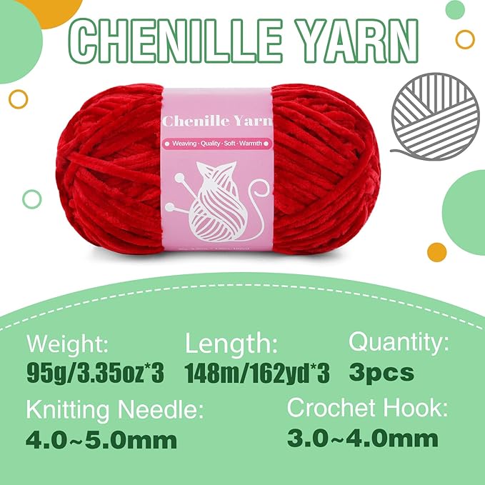 LUNARM Chenille Velvet Yarn, Yarn for Crocheting Knitting with Big Eye Needles, Handcrafts Weaving Soft Chenille Yarn for Making Blankets Clothes Pattern Knitting-3 * 3.35oz,3 * 162yds(Bright Red)