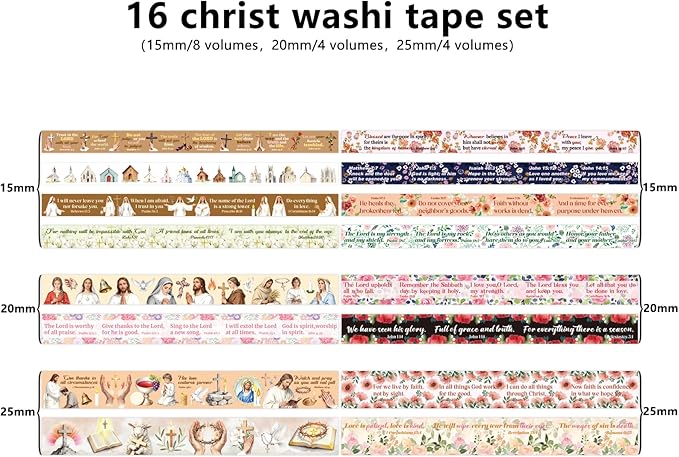 Christian Washi Tape, 16 Rolls Aesthetic Colored Decorative Cute Scrapbook Tape for Scrapbooking Supplies Journaling Craft Junk Journal