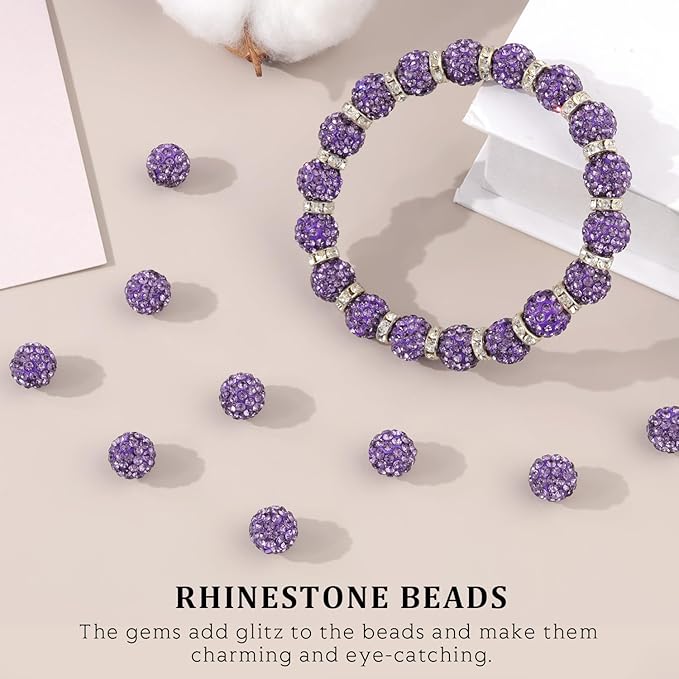 120pcs 10mm rhinestone beads for jewelry making, purple shiny round shamballa disco ball beads bulk, sparkle crystal clay christmas for bracelet baseball necklace earring crafting and diy