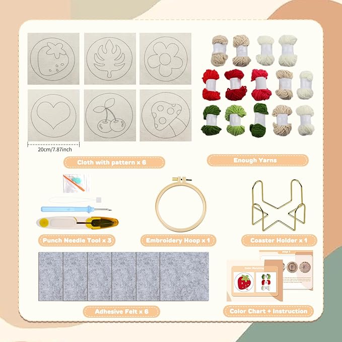 AIRDEA Punch Needle Drink Coasters Kit,Casual Punch Needle Embroidery Complete Kits for Beginner 3.29x3.29 Inches,Included All Accessories,DIY Car Coasters (Beige)