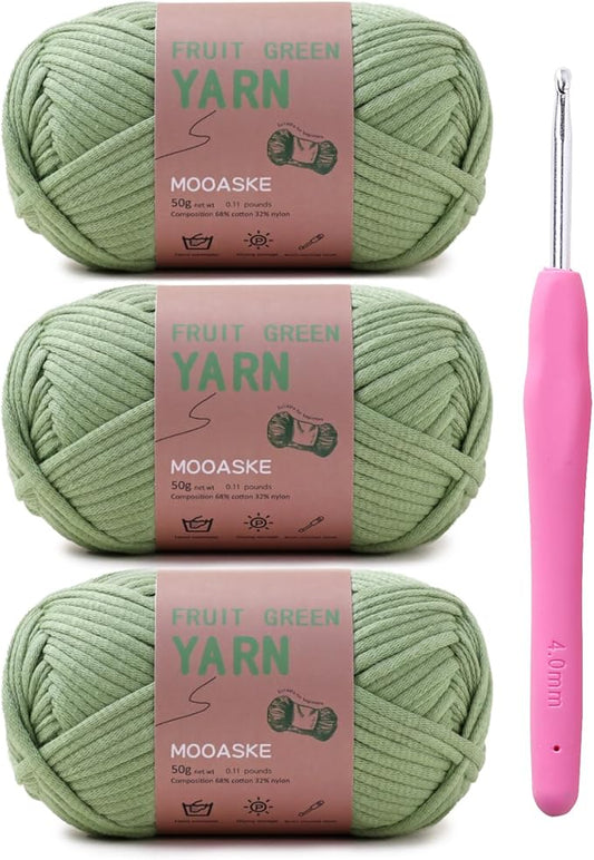 3 Pack (3 x 50g) Crochet Yarn with Crochet Hook - Worsted Medium Yarn for Crocheting - Easy-to-See Stitches Cotton-Nylon Blend Beginner Knitting Yarns for Adults and Kids