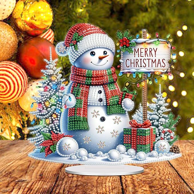 LAKEQUILL Christmas Diamond Art Painting Kits, Snowman Tabletop Ornament, Stand Up Diamond Art Desktop Kits for Home Office Decor, New Year Gift