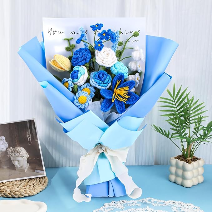 Iuuidu Crochet Kit, Flower Bouquet Crochet Kit for Beginners, Crochet Bouquet Kit Rose with Step-by-Step Video Tutorials for Lover Anniversary Birthday Wedding Home Decor (Blue)
