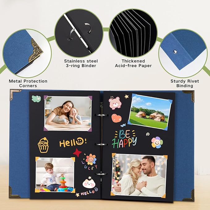 ZEEYUAN Journal Scrapbook Memories Photo Book Album 60 Black Pages Vintage DIY Photo Scrap Book Hardcover Scrapbook Gifts for Couples Anniversary Christmas Thanksgiving Valentines Day,Blue