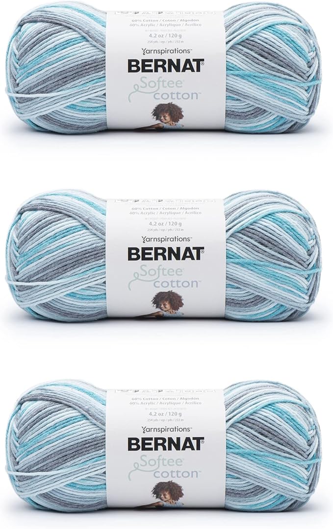 Bernat Softee Cotton Blue Waves Yarn - 3 Pack of 120g/4.25oz - Nylon - 3 DK (Light) - 254 Yards - Knitting, Crocheting & Crafts