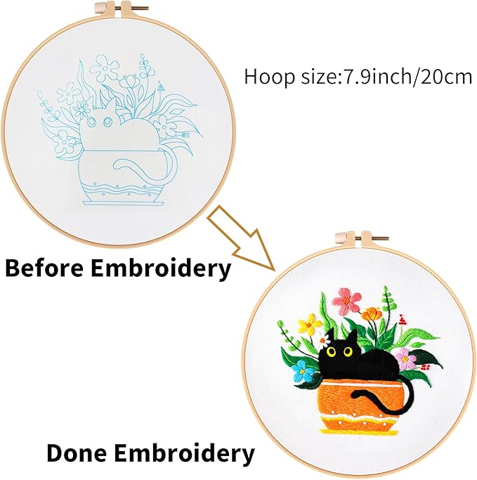 Louise Maelys Embroidery kit with Cat Plant Stamped for Starters, Cross Stitch Kits for Beginners Adults, Include Embroidery Cloth, Hoop,Needles,Instruction and Threads