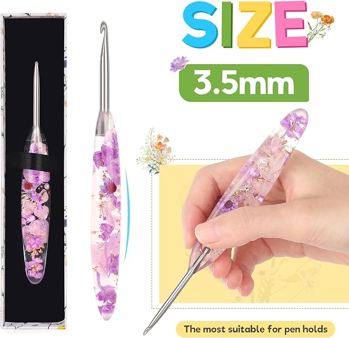 Katech 3.5mm Crochet Hook for Arthritic Hands, Hand-Polished Stainless Steel Ergonomic Crochet Hooks with Customized Sparkle Dried Floral Grip, Soft Tapered Hook-Crochet Gift for Beginner & Crocheter