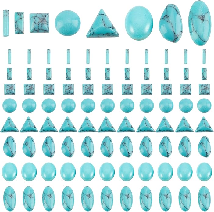 PH PandaHall 96pcs Stone Cabochons, 8 Shapes Blue Texture Gemstone Tiles Column Square Bead Half Round Synthetic Turquoise Cabochon Tile for Bracelet Necklace Earrings Cameo Jewelry Making