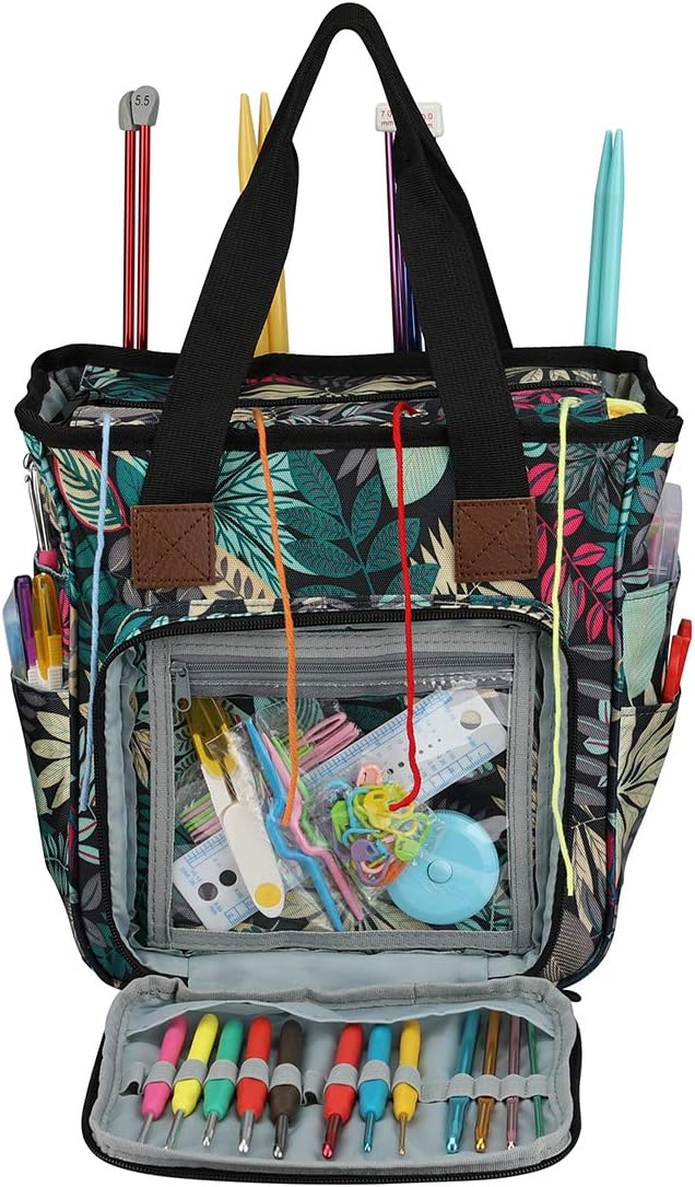 ZBEZBE Knitting & Crochet Tote Bag, Multi-Pocket Yarn Storage Organizer, Portable Yarn Holder for Knitting Needles, Crochet Hooks, Yarn Skeins & Craft Supplies