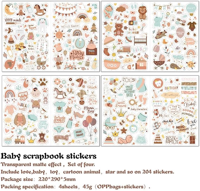 4 Sheets Baby Scrapbook Stickers - Clear Matte 204 Cute Newborn Baby Shower Stickers for Planner, Pregnancy Journals, Albums, Baby's First Year Scrapbook Supplies Decorations