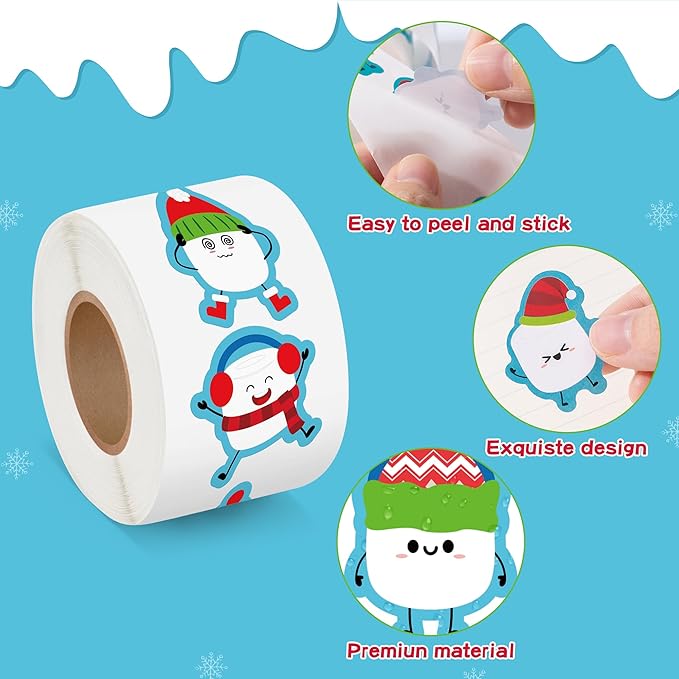 beyumi winter cute marshmallow sticker - 1000pcs winter marshmallow stickers in 2 rolls winter christmas adhesive kawaii marshmallow decal holiday party favor classroom office bottle decor