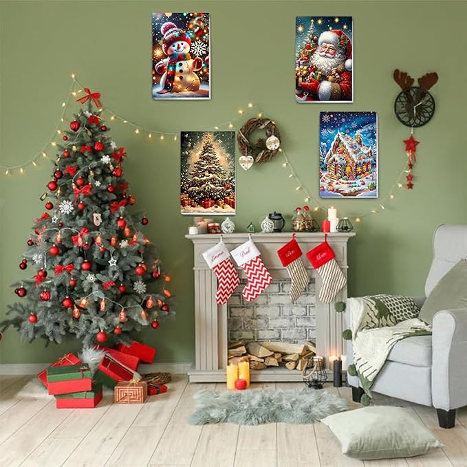 Christmas Paint by Numbers for Adults with Framed Canvas - with Wooden Easel, 4 Pack Paint by Number for Beginners, Xmas Acrylic Oil Painting on Canvas with Brushes for Home Wall Decor (8x12 inch)