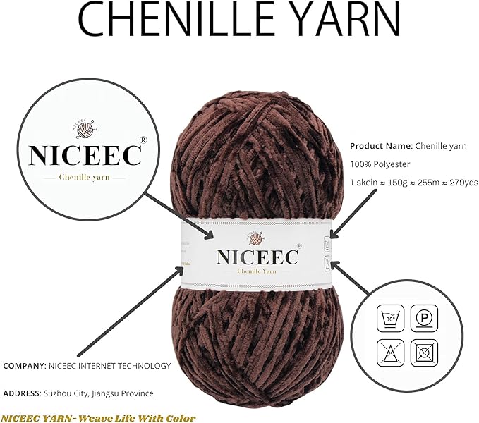 NICEEC 2 Skeins Soft Chenille Yarn Blanket Yarn for Knitting Fancy Yarn for Crochet Weaving DIY Craft Total Length 2×255m (2×279yds, 2×150g)_Coffee