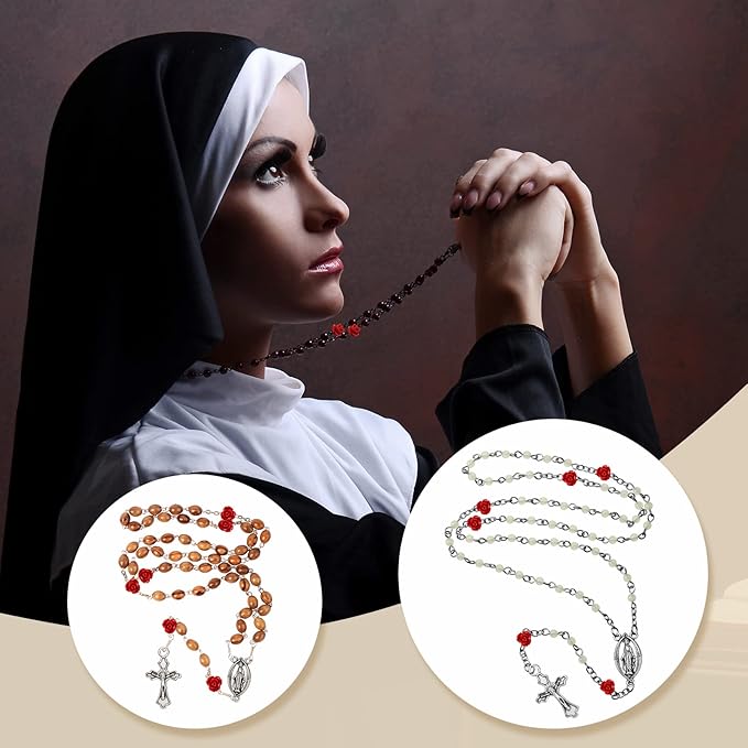 140 Pcs Rosary Making Supplies Carved Rose Beads Flower Beads Kit Cross Centerpiece Crucifix Medal, Silver Jesus Maria Pendant for Bracelet Necklace(Red)
