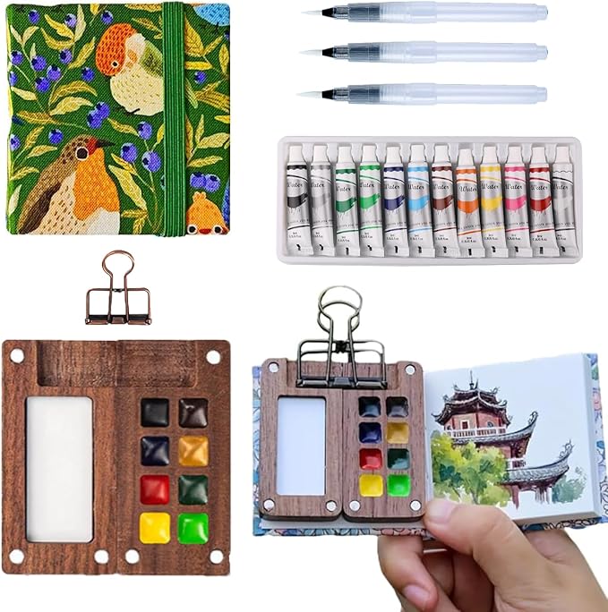 Aimery Mini Watercolor Paint Travel Set, Portable Small Miniature Pocket Water Color Painting Kit with Wooden Palette & Sketchbook(Hummingbird)