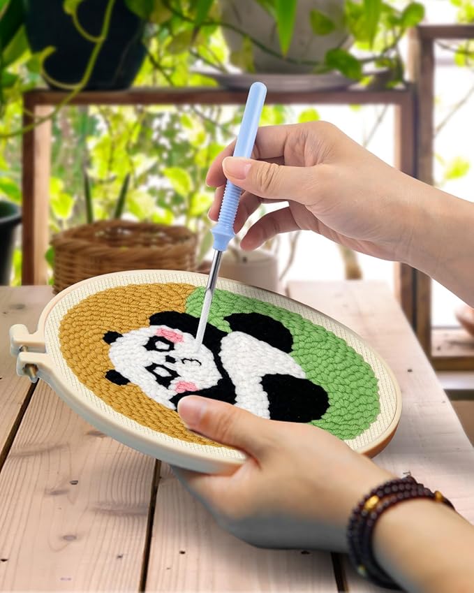 TINDTOP 3 Sets Punch Needle Kits, Panda Punch Embroidery Kits for Adults Beginner, Tool with Punch Needle Fabric, Hoops, Yarns and Sewing Needles