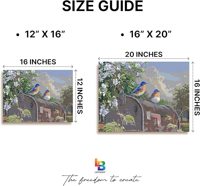 Ledgebay DIY Paint by Numbers Kit for Adults Framed Canvas Beginner to Advanced Paint by Numbers Kit Kits Include Acrylic Paint Set Brushes Tabletop Easel (Rural Route Bluebirds 12"x16" Framed)