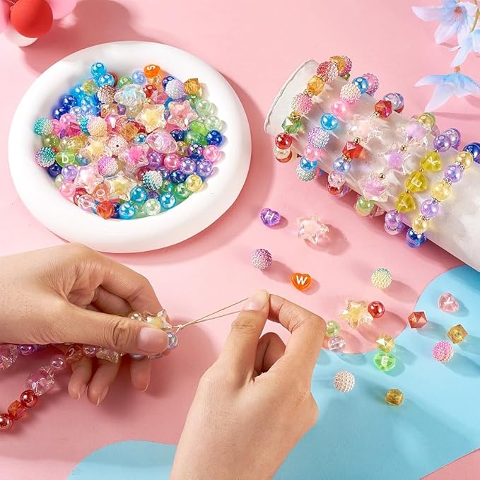 FASHEWELRY 380Pcs Candy Color Acrylic Beads Assorted Cute Star Cube Heart Letter Beads for Bracelets Bubblegum Pastel Pony Pop Bead Bulk for Necklace Key Chains Pens Jewelry Making