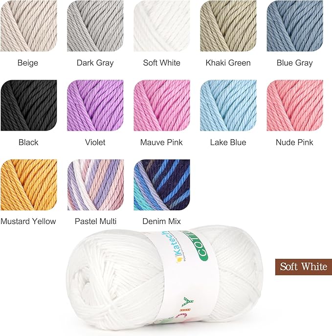 Katech Pure Cotton Yarn for Crocheting & Knitting–Soft Sport Weight CYC #2, 6 Skeins (50g Each, 300g Total), Ideal Crochet Yarn for Dishcloths, Baby Clothes, Socks, Lightweight Scarves（Soft White）