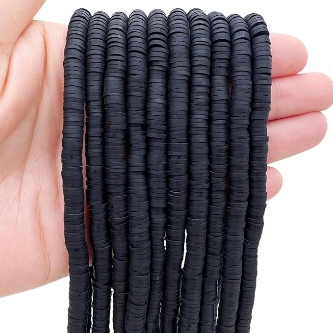 QiQnHngD 10 Strands Clay Bead for Friendship Bracelets, Heishi Beads for Bracelet Stack, Earth Tone for Adults (Black)