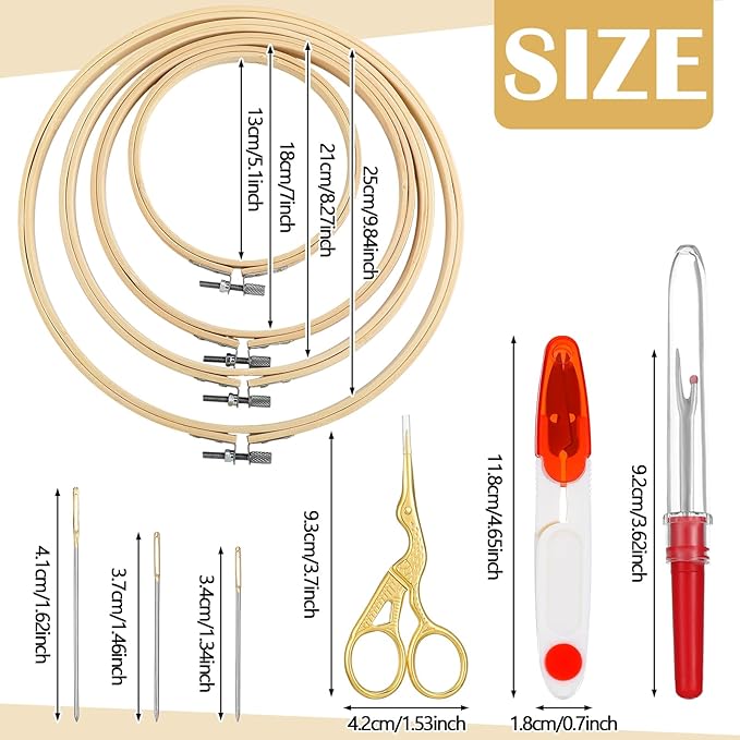 Mudder 53 Pieces Cross Stitch Tool Embroidery Starter Kit Includes Bamboo Circle Cross Stitch Hoop Ring Sewing Scissors Needle Threading Tools Thimbles Floss Bobbins Seam Ripper and Embroidery (Red)
