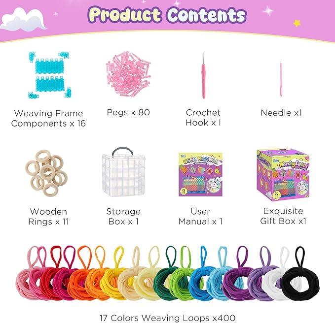 Zefy 400 Pcs Weaving Loom Kit Toys, 17 Colors Loom Loops with 11 PCs Wooden Rings, Rainbow Loops Making Potholder Loom Knitting Crafts Easter Gifts for Kids Girls Adults