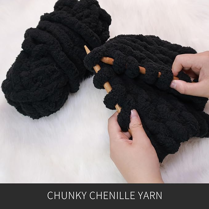 Black Chunky Chenille Yarn for Crocheting Bulky Thick Fluffy Yarn for Knitting,Super Bulky Hand Blanket, Soft Plush Yarn Crochet Carpet/Scarf/Cushion/ 8 Jumbo Pack(63.76oz/197.68yd