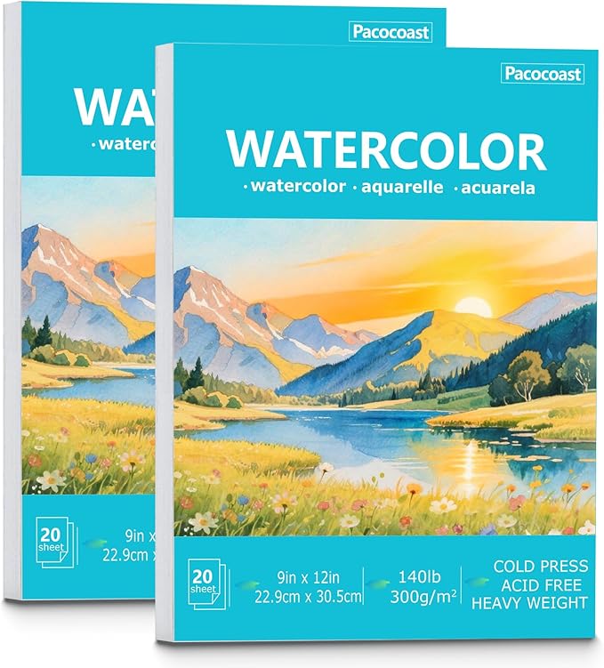 Pacocoast 9"X12" Watercolor Paper - Pack of 2 (40 Sheets), Glue-Bound Cold Press Art Paper, Artist-Grade Sketchbook, Water Color Journal Notebook, Ideal for Adults, Beginners, Teal
