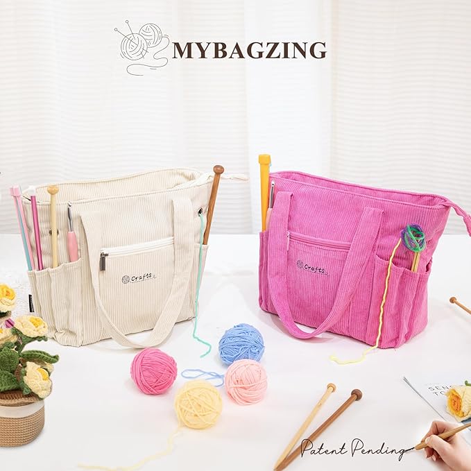 Crochet Bag and Tote - Corduroy Yarn Bag - Yarn Holder and Storage for Crochet Hooks, Knitting Accessories - Mother's Day Gift