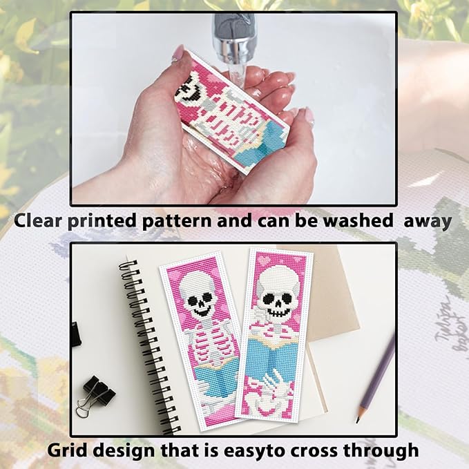 ACRNIGHEET 6PCS Cross Stitch Kits Stamped Cross Stitch Bookmark Kit for Beginner Adults Skull Reading Embroidery Bookmark Kit Needlepoint Kits with Instructions Book Lovers Craft Gift 8.5''x3'' 11CT