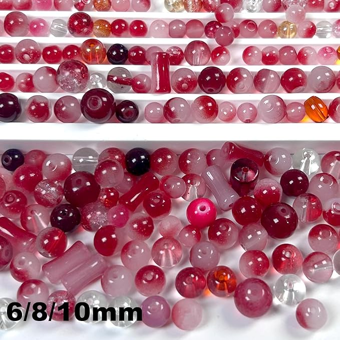 500pcs Glass Beads Red, 6mm and 8mm Assorted Crystal Bead for Jewelry Making, Round Spacer Loose Beads Kit for DIY Charms Bracelets Necklaces Earrings