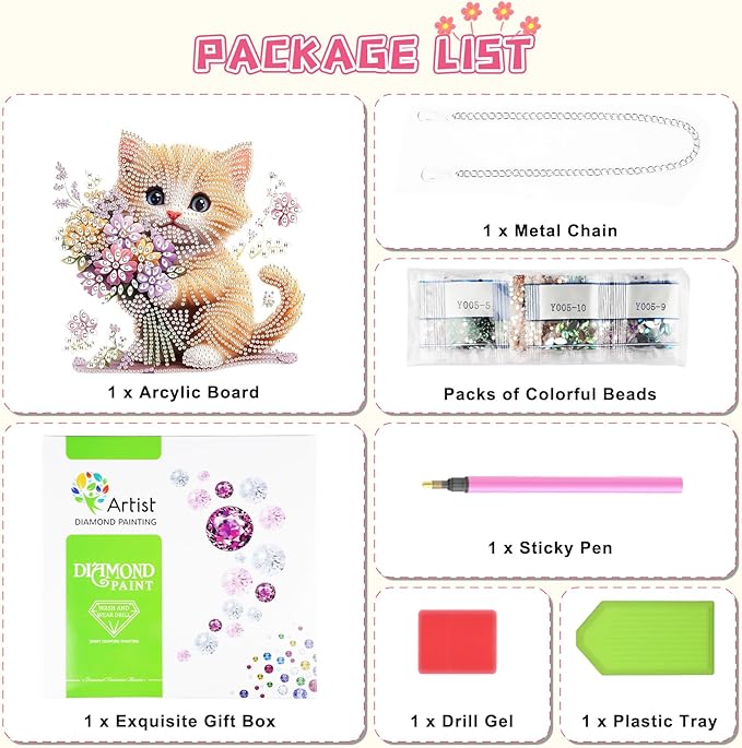 KEYIFA Cat Diamond Painting Kit, DIY Bouquet Diamond Art for Adults, Diamonds Pendant Special Shaped Rhinestone Window Hanging Ornaments Home Garden Wall Door Decoration, 20cm Width