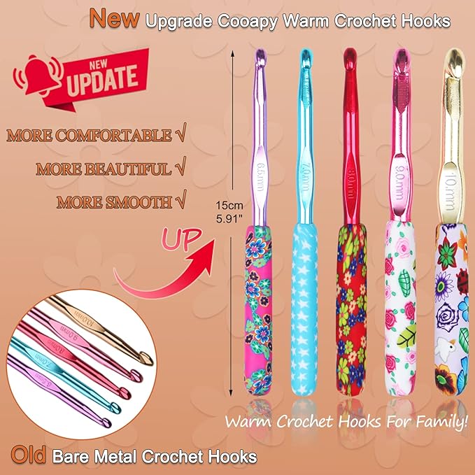 Coopay Warm Crochet Hooks Large, 10mm 9mm 8mm 7mm 6.5mm Large Crochet Hooks for Chunky Yarn Blanket Sweater Thick Wool, Big Crochet Kit for Arthritic Hands Knitting & Crochet Supplies