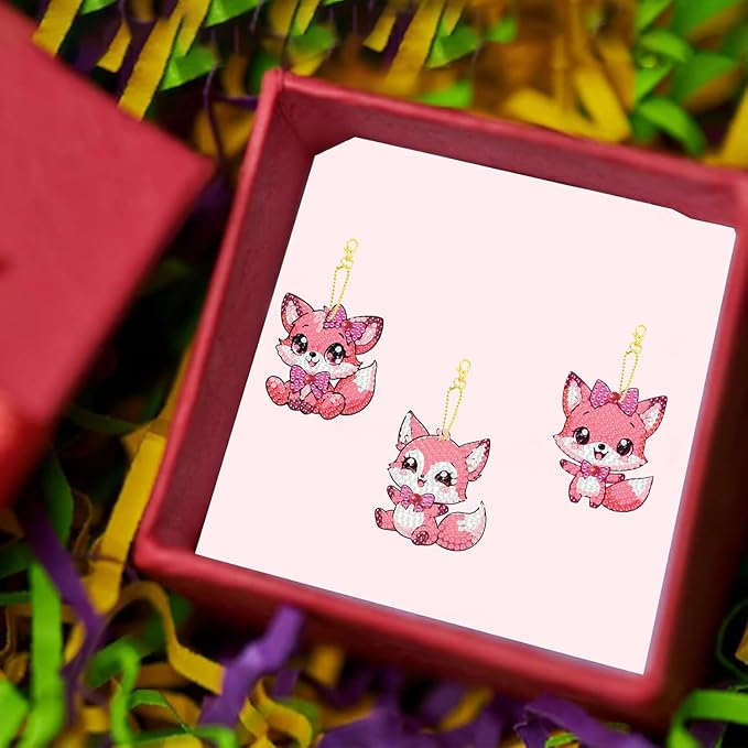 Masendp 8 Piece 5D DIY Animal Diamond Painting Keychain Set, Pink Fox Diamond Pendant Hanging Animal Art Decoration for Adult Beginner Pack Birthday Family Party Decoration