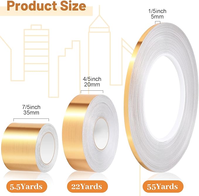 Zonon 3 Rolls Multi Size Self Adhesive Polyester Film Tape 1/5, 4/5, 7/5 Inch Washi Metallic Tape for Detailing Accent Graphic Arts for Walls Cars and Boats Trim(Gold)