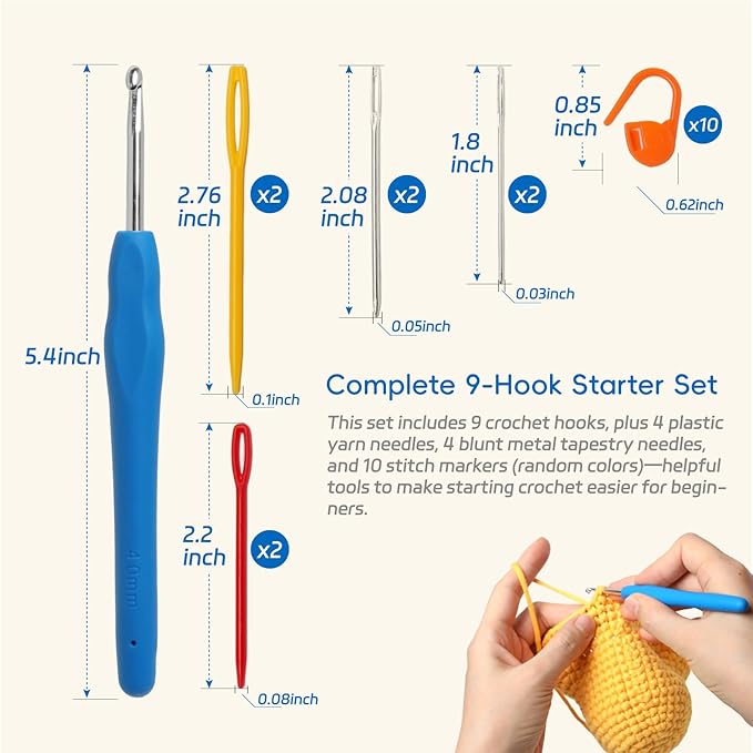 9PCS Ergonomic Crochet Hooks Set by Flickzo – Aluminum Crochet Hook Set with Soft Silicone Handles (2-6mm), Crochet Kit for Beginners with Crochet Tools & Knitting Accessories
