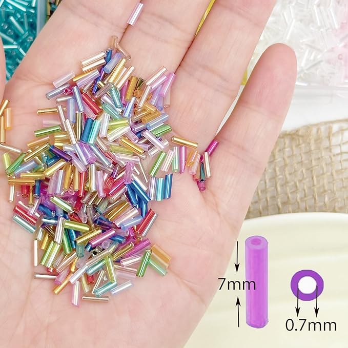 9600pcs Tube Beads Kit for Adults, Glass Bugle Seed Beads for Jewelry Making, Small Craft Bead for DIY Bracelet Necklaces Craft Making with Two Crystal String (7mm/24 Colors)