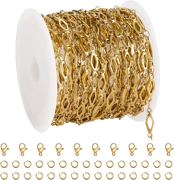 YOUBEIYEE 13 Feet Gold Plated Jewelry Making Chain Roll Stainless Steel Rhomboid Chain for Jewelry Making