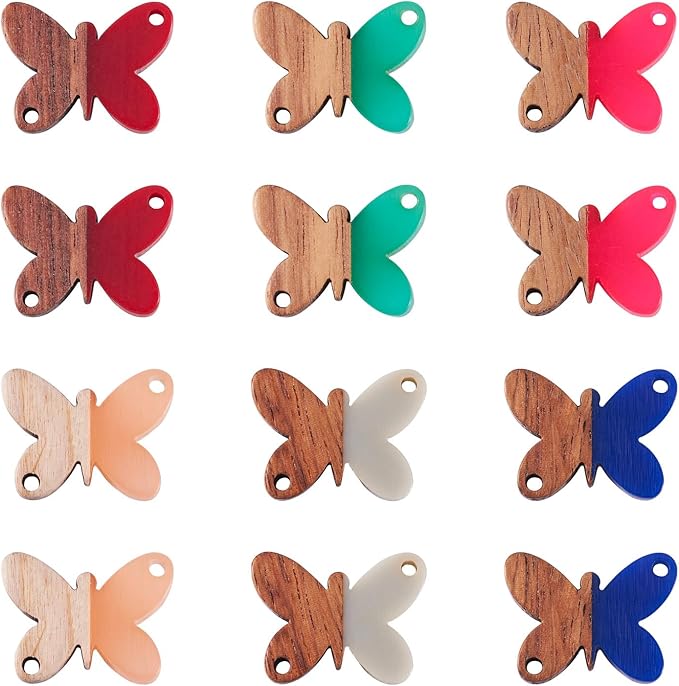 Beadthoven 12pcs/6 Pairs Butterfly Wood Resin Charms Connector Pendants, Mini Small Butterfly Wood Earrings Blanks Wooden Pendants for DIY Bracelet Jewelry Making Spring Boho Earrings Necklace Women