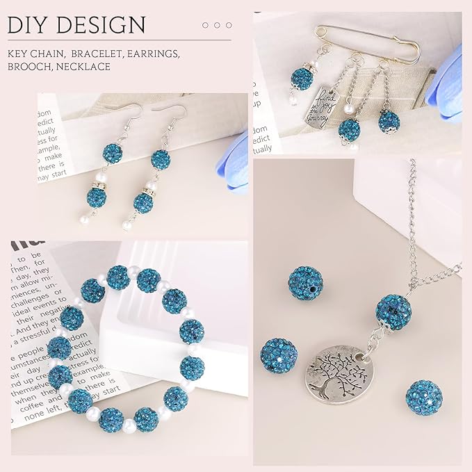 100 pcs 10mm Rhinestone Beads for Jewelry Making, Blue Zircon Shiny Round Shamballa Disco Beads Bulk, Sparkle Crystal Clay Christmas for Bracelet Baseball Necklace Earring Crafting and DIY