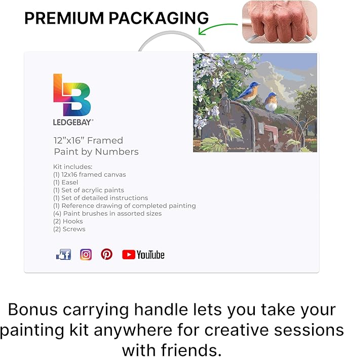 Ledgebay DIY Paint by Numbers Kit for Adults Framed Canvas Beginner to Advanced Paint by Numbers Kit Kits Include Acrylic Paint Set Brushes Tabletop Easel (Rural Route Bluebirds 12"x16" Framed)
