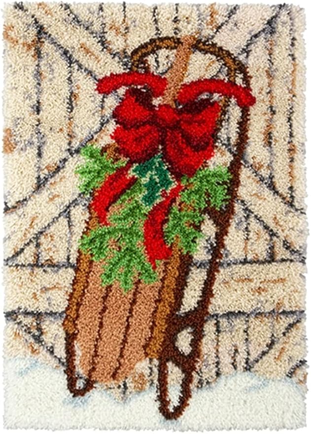 LAPATAIN Latch Hook Kits DIY Crochet Yarn Kits,Christmas Sleigh Carpet Embroidery Hook Rug Kit Needlework Sets Cushion for Adults Home Decor 15x20inch
