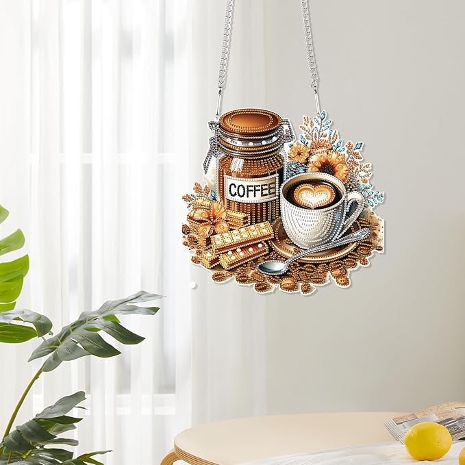 Diamond Art Painting Pendant Kits with Hanging Chain 5D Diamond Art Hanging Kit DIY Diamond Crystal Window Door Hanging Pendant Kit for Adults Gift Wall Home Christmas Decoration 25.2x23.3 cm, Coffee