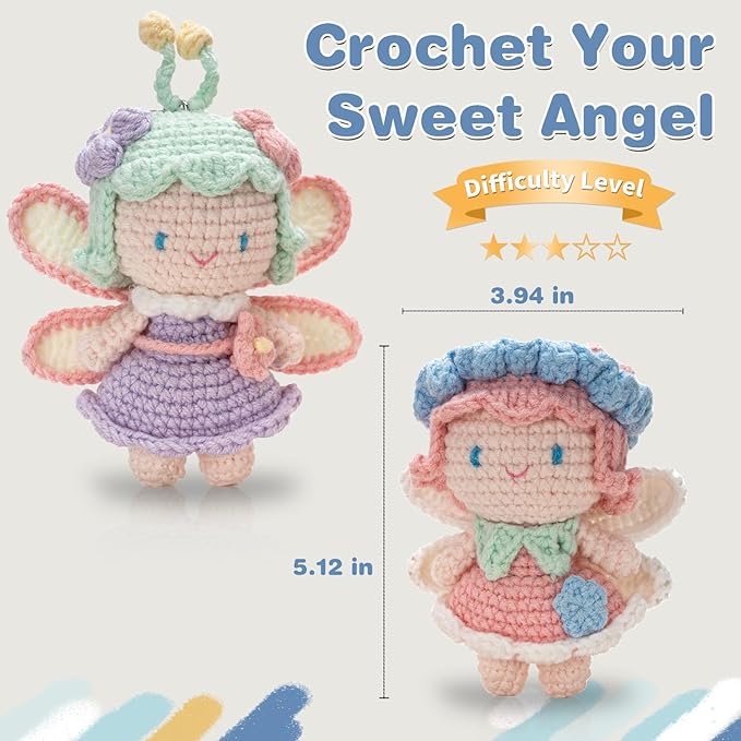 Crochet Kit for Beginners, Crochet Starter Kit with Step-by-Step Video Tutorials, Easy Beginner Crochet Kit for Adults, Crochet Animals Crafts Crochet Kits, Easy Knitting Kit. (Cute Angel 2 Pick)