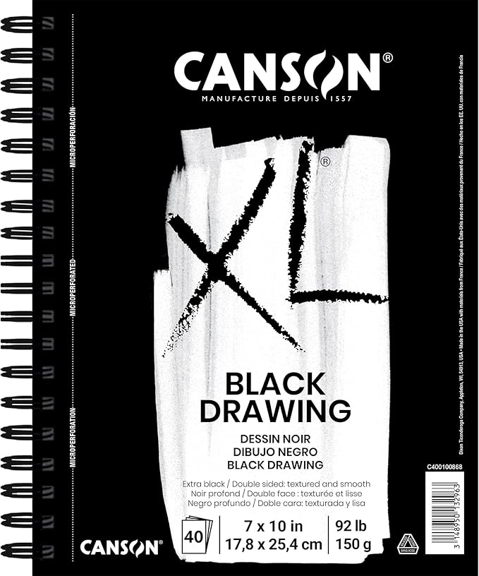 Canson XL Series Drawing Paper, Black, Wirebound Pad, 7x10 inches, 40 Sheets (92lb/150g) - Artist Paper for Adults and Students - Colored Pencil, Ink, Pastel, Marker