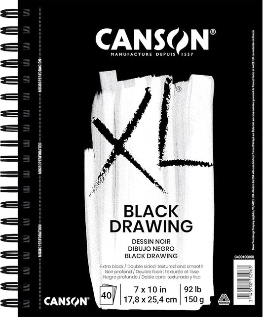 Canson XL Series Drawing Paper, Black, Wirebound Pad, 7x10 inches, 40 Sheets (92lb/150g) - Artist Paper for Adults and Students - Colored Pencil, Ink, Pastel, Marker
